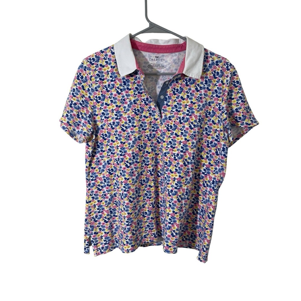 Talbots Floral Cottagecore Cotton Polo Top Size Large Preppy Spring Golf Tennis